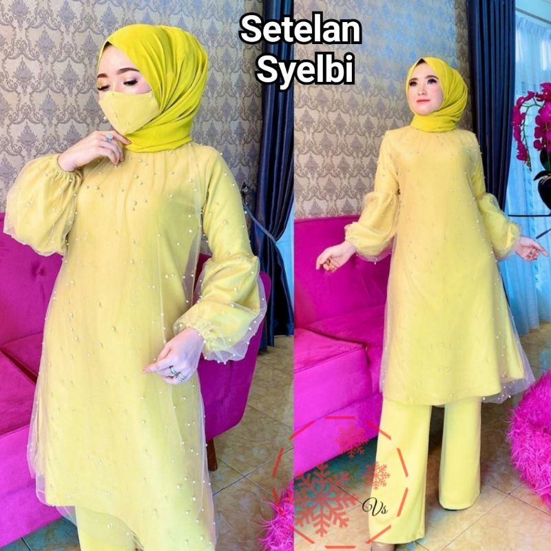 SET CELANA SYELBI MUTIARA, MOSCREPE TILE, GAMIS HIJAB MUSLIM, SETELAN, 3 UKURAN