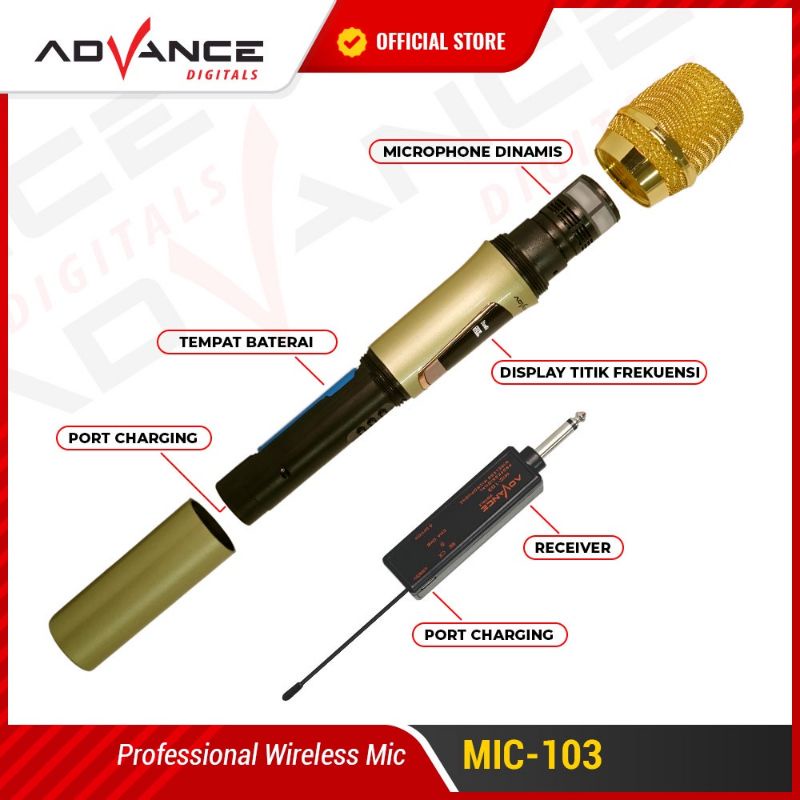 Advance Mic103 Microphone Profesional Mic Wireless Gold Bisa di Charger / Garansi 1 tahun