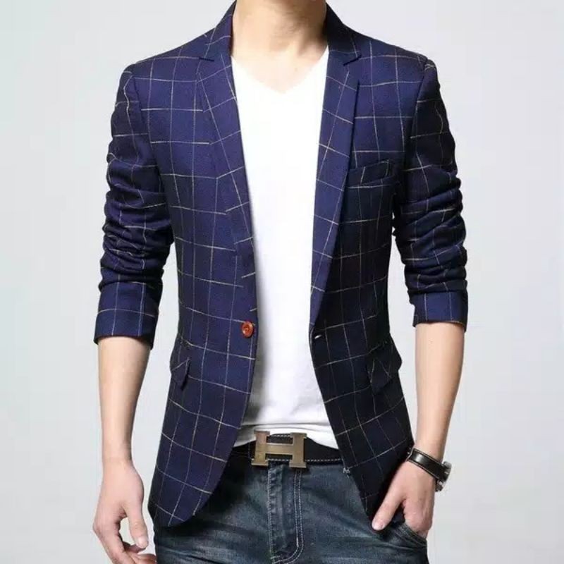 blazer kotak casual pria jas santai