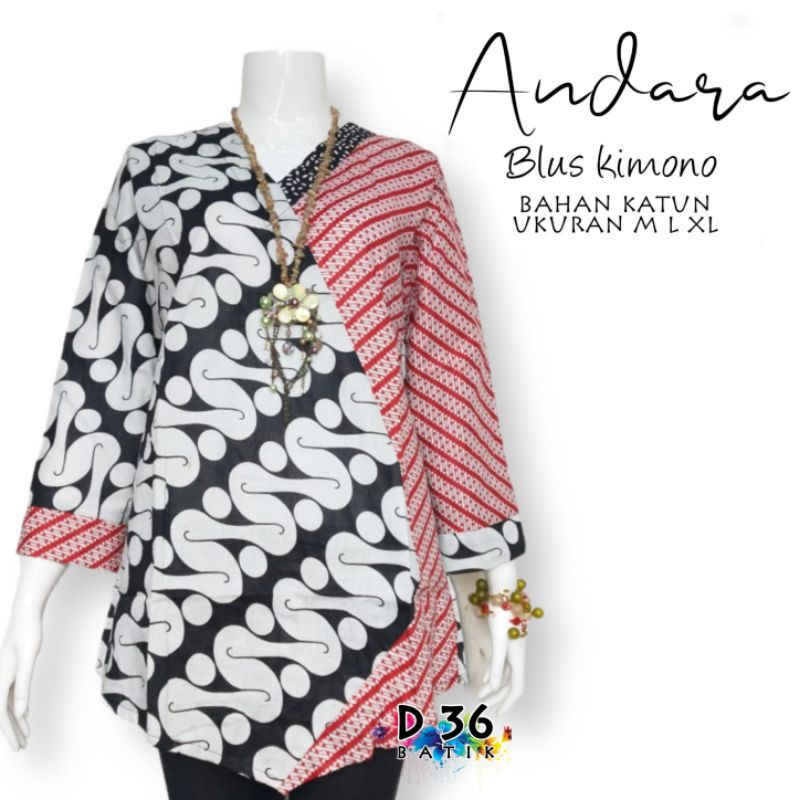 Blouse Blus katun halus andara Atasan Baju kimono aeragam seragaman wanita remaja abg putri cewek cewe motif batik kombinasi seragam seragaman kerja kantor kantoran kuliah sekolah trendy modis mode fashion muslim modern kekinian terbaru-Black barong