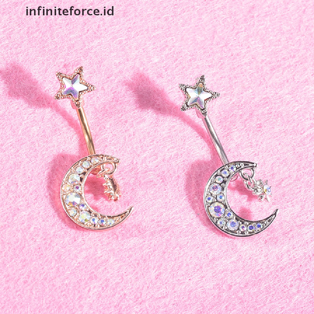 Infiniteforce.id Cincin Tindik Pusar Desain Bulan Bintang Hias Kristal