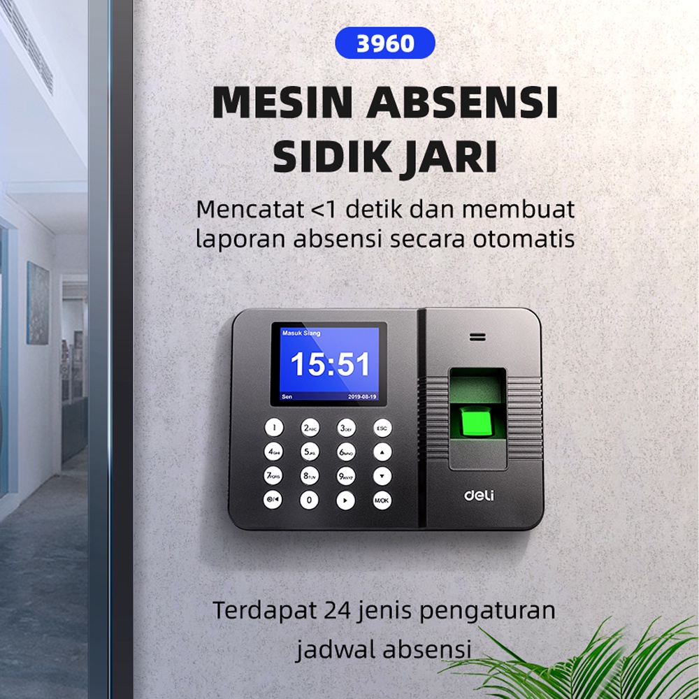 Deli Mesin Absensi Sidik Jari Bahasa Indonesia - USB tanpa instalasi software E3960 Image 2