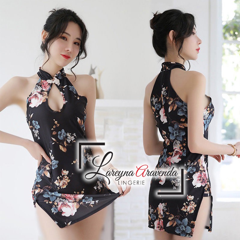 Set Lingerie + G String Seksi Fit M/L/XL/XXL Model Costume Cheongsam Flower LG330