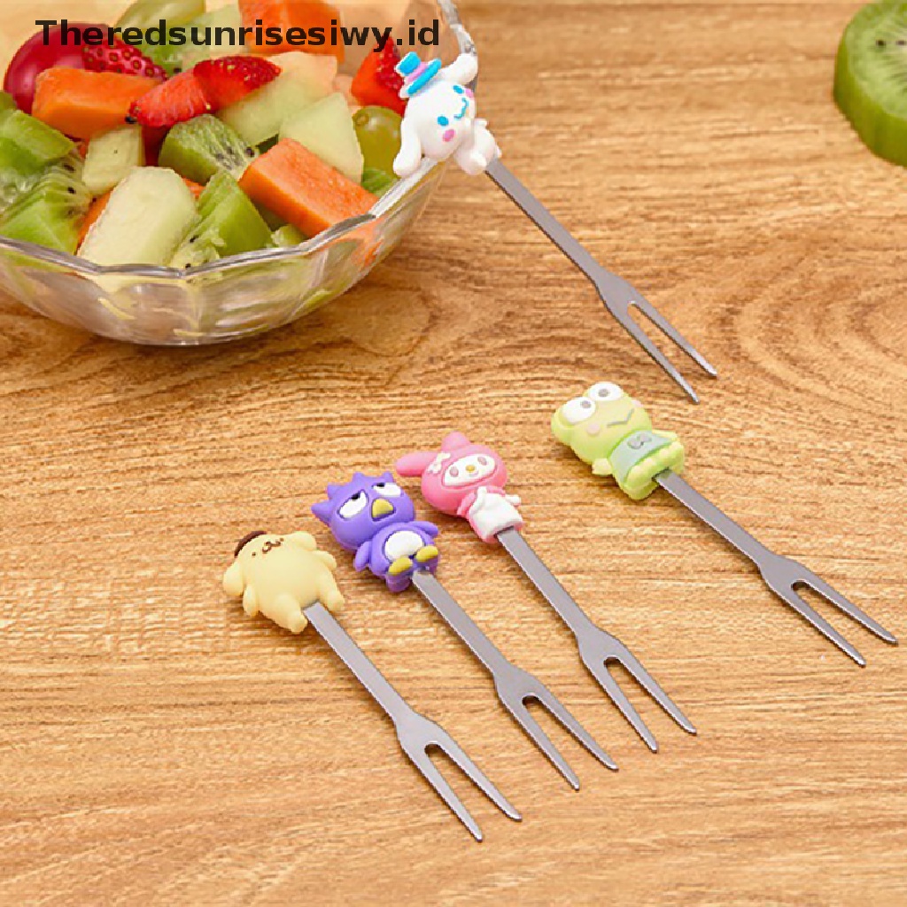 # Alat Pemotong Buah # 5pcs / Set Garpu Buah Desain Kartun Lucu Bahan Stainless Steel Dengan Holder