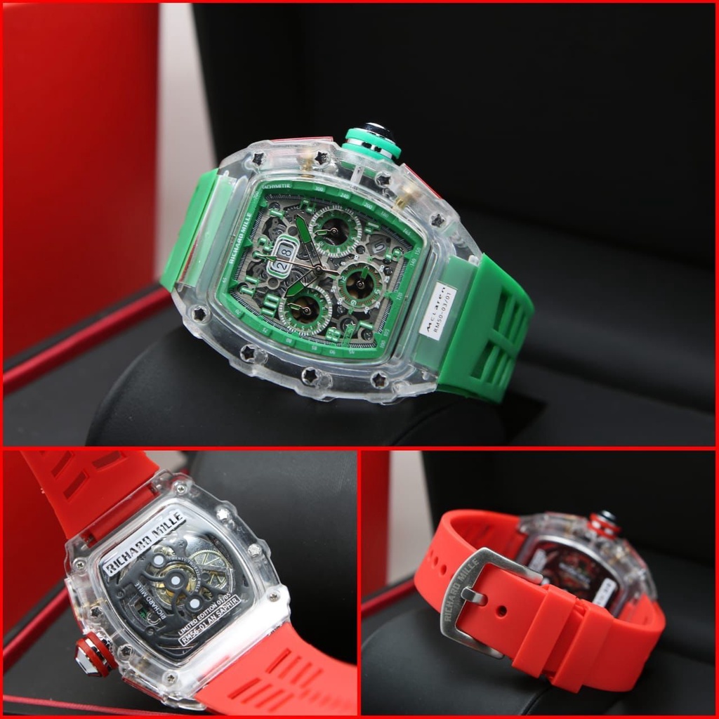 JAM TANGAN COWOK//Jam Tangan Fahsion RM Model Analog Body Transparan Strap Rubber Chrono,Tanggal On 