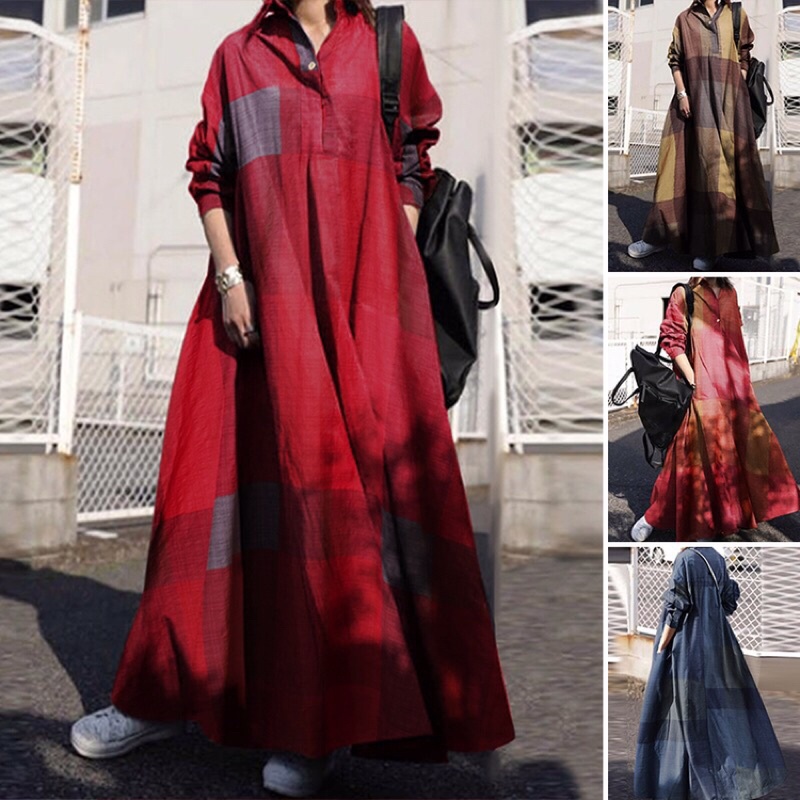 VARISA ZANZEA Dress Maxi Wanita Motif Kotak-Kotak kantong Samping