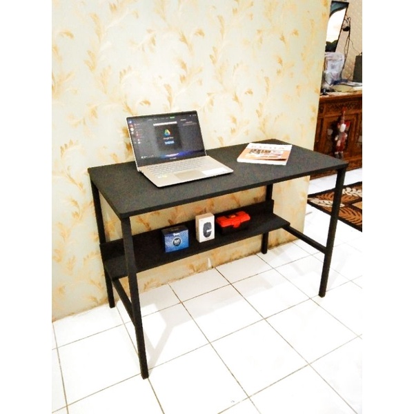 Meja belajar kerja komputer gaming full black industrial besi kayu kokoh