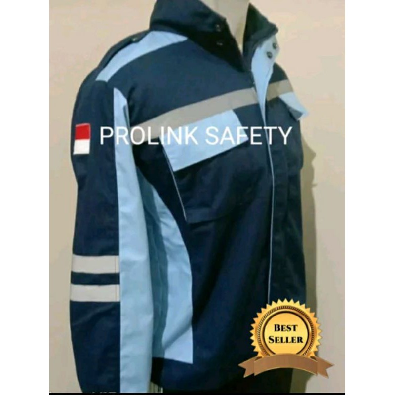 SERAGAM SAFETY BIRU LANGIT KOMBINASI DONGKER RESLETING SEMI JAKET KAIN DRILL