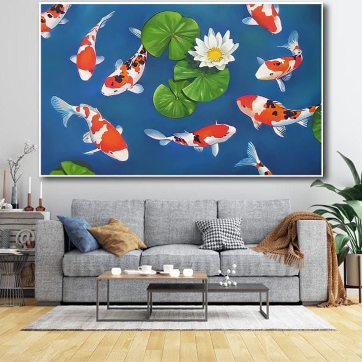 Lukisan Poster Ikan Koi hoki Fengshui 9 Jumbo 3 dimensi Xtra Besar Ukuran 70x50 cm 100x70cm 150x100c