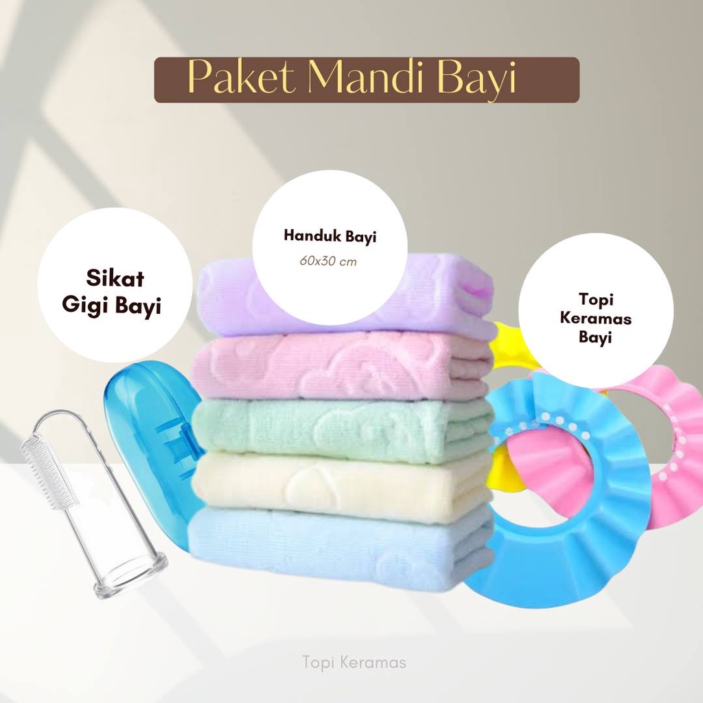 Paket Mandi Bayi Praktis Handuk Sikat Topi Keramas