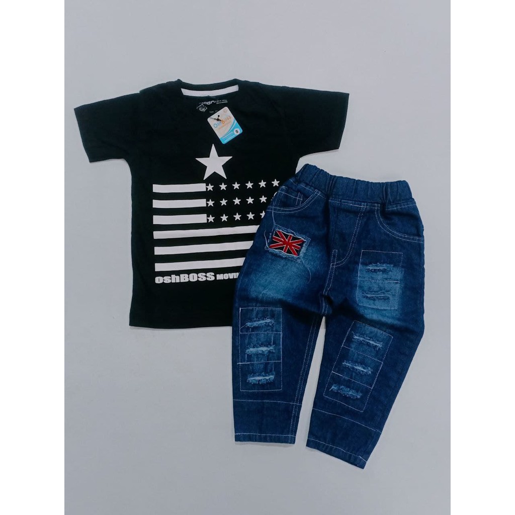 BAJU STELAN ANAK LAKI LAKI KAOS DISTRO DAN CELANA RIPPED BENDERA PPREMIUM OSHBOSS 1-BENDERA BINTANG