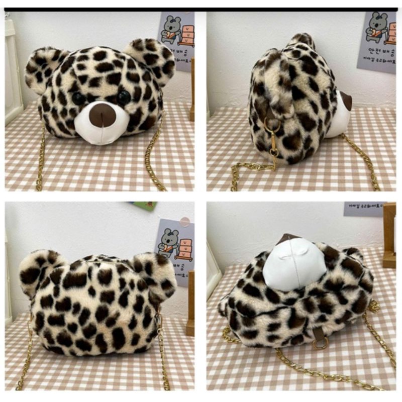 Rnsel beruang tedy ter hitz /Tedy bear Tas slempang Motif leopard bulu bulu lembut imut tas slingbag