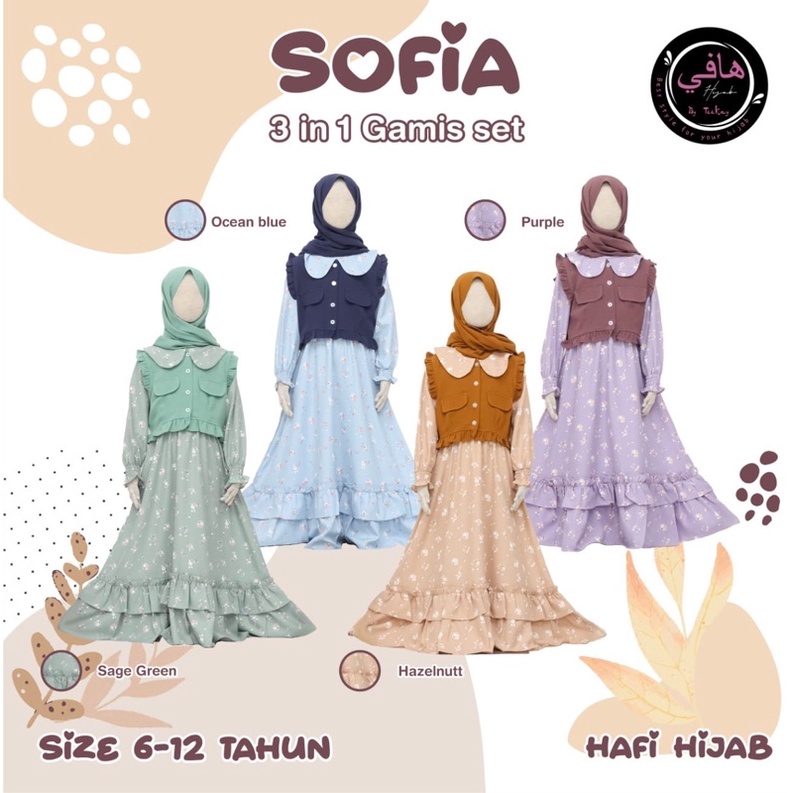 Gamis Set Sofia Anak Perempuan - Dress Jilbab 3 in 1 Cewek Lucu Nyaman - Dres Panjang Hijab Khimar Usia 6 8 10 12 Tahun