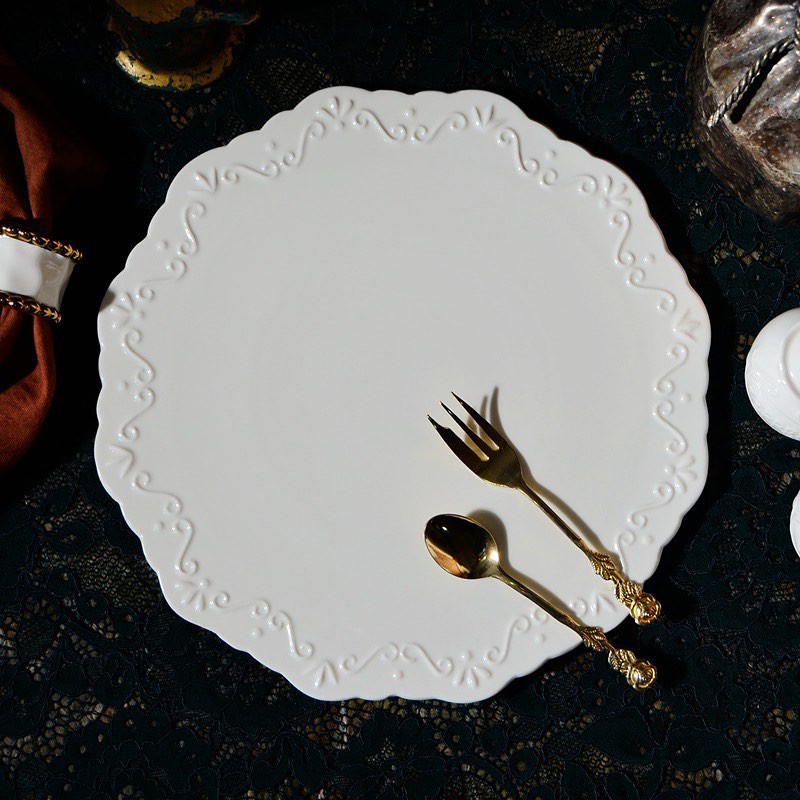 PIRING SAJI KUE KERAMIK PUTIH IMPOR MOTIF RENDA/PIRING COASTER KERAMIK PUTIH