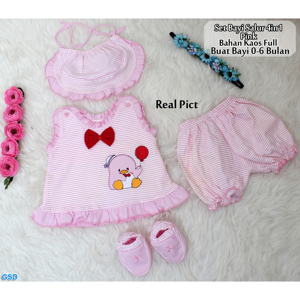 Set bayi salur guin 4in1/Baju Bayi Motif Salur/ Pakaian Anak Usia 0-6 Bulan/Stelan Bayi Lengkap