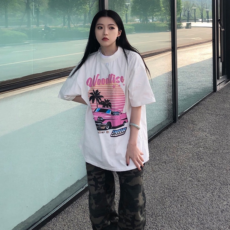 kaos wanita korean style/kaos putih lengan pendek/printing oversize import t shirt