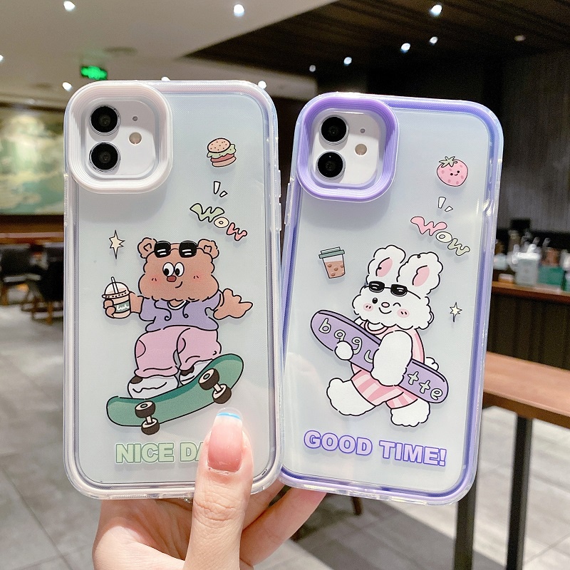 (3 In 1) Casing iPhone 11 12 13 Pro MAX X XR XS MAX 7 8 + Motif Beruang + Kelinci Lucu