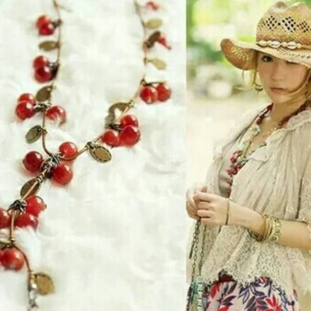 Kalung panjang wanita cherry kecil lucu Cute cherry