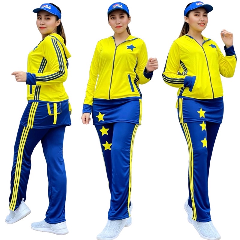 Setelan Baju Rok Bintang Kuning Biru Set Senam Panjang Stelan Gowes Training Muslim