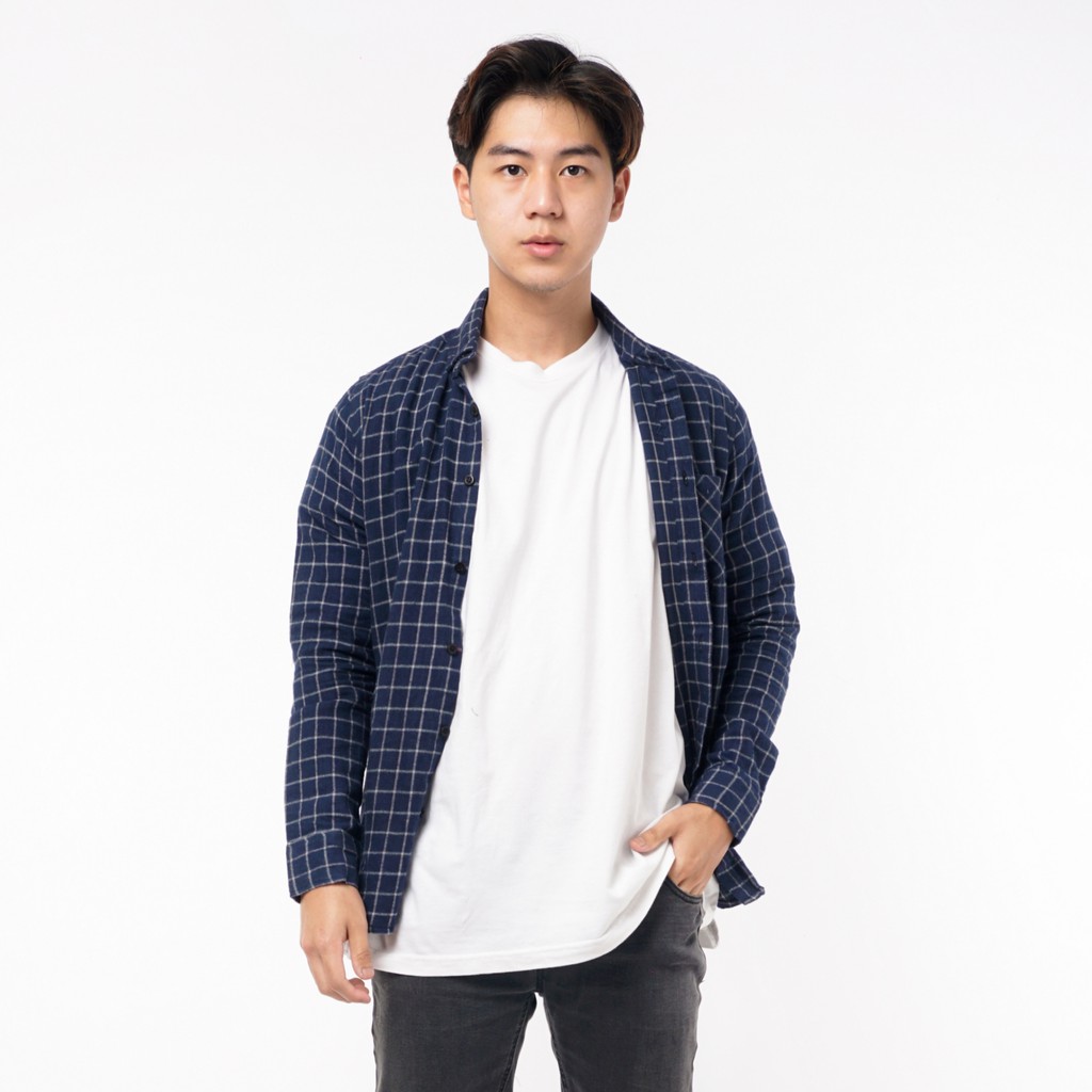 SANVANINA Kemeja Flannel Lengan Panjang Rocky Checked Navy | Kemeja Flanel Pria Slim Fit E-1547