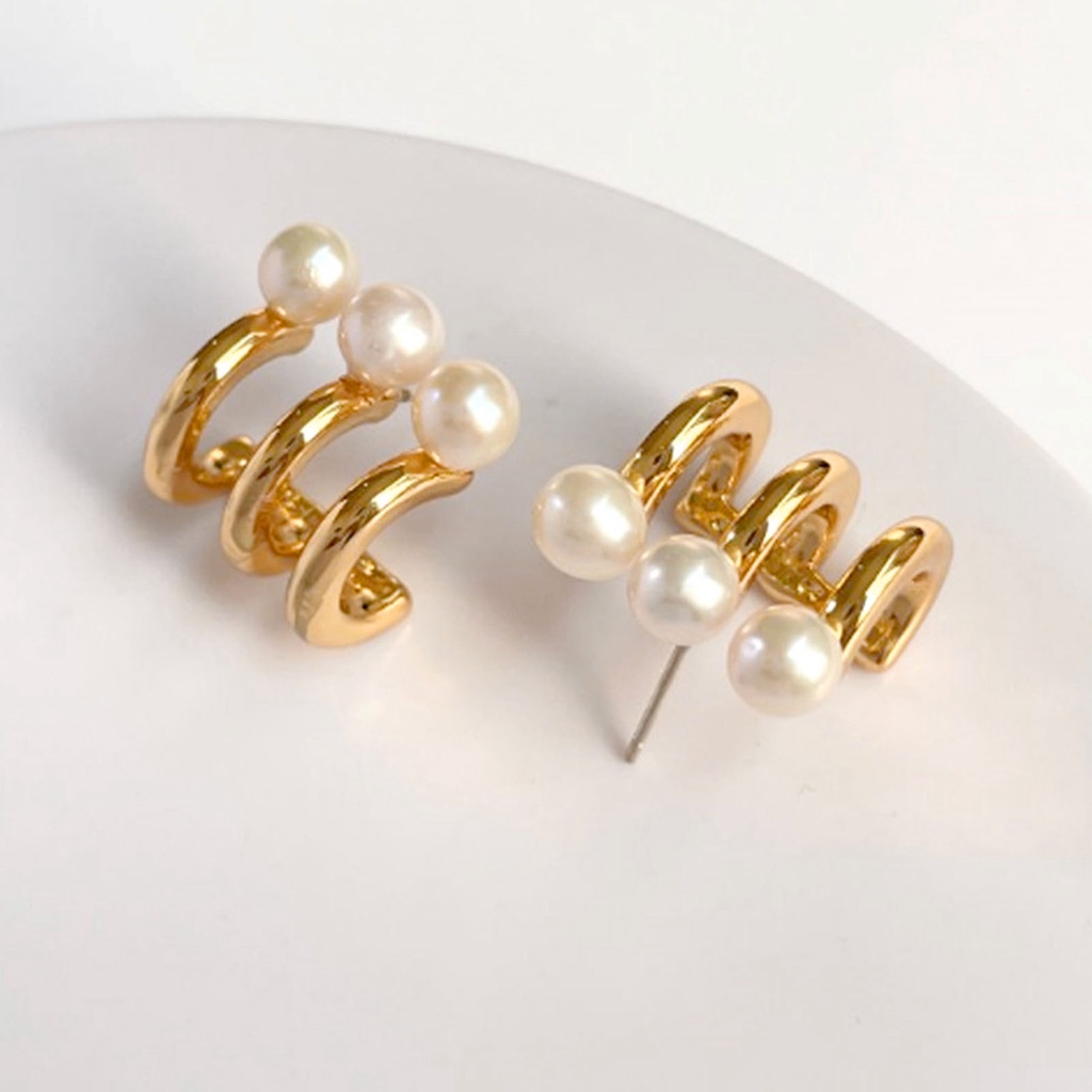 Hu Hu Hu Hu Hu Alat Bantu Pasang Kacamata♡ 1 Pasang Anting Stud Tiga Lapis Aksen Mutiara Imitasi Warna Kontras Untuk Wanita