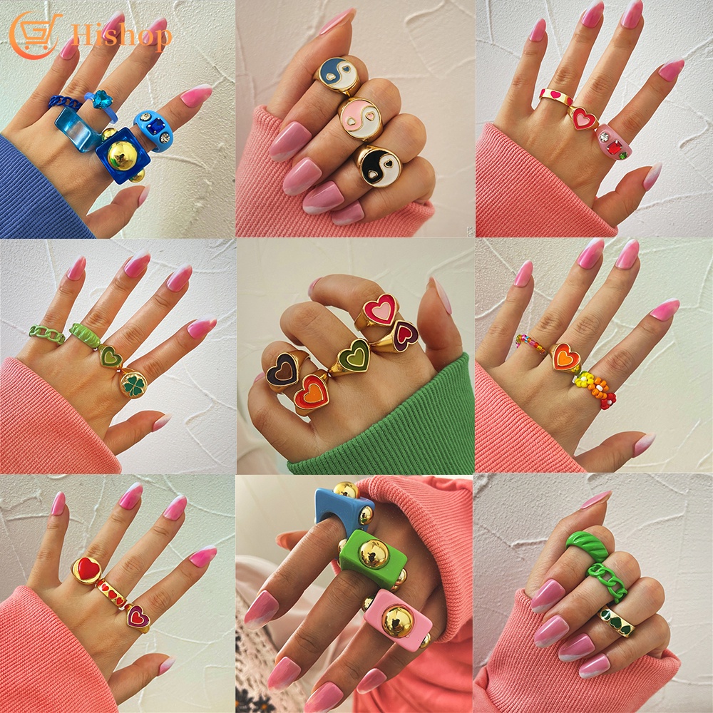Colorful Rings Set Oil Dripping Heart Resin Beads Ring for Women Ins Fashion Jewelry Accessories
