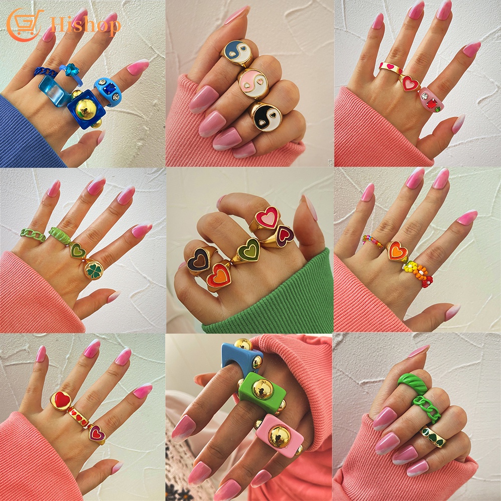 Colorful Rings Set Oil Dripping Heart Resin Beads Ring for Women Ins Fashion Jewelry Accessories