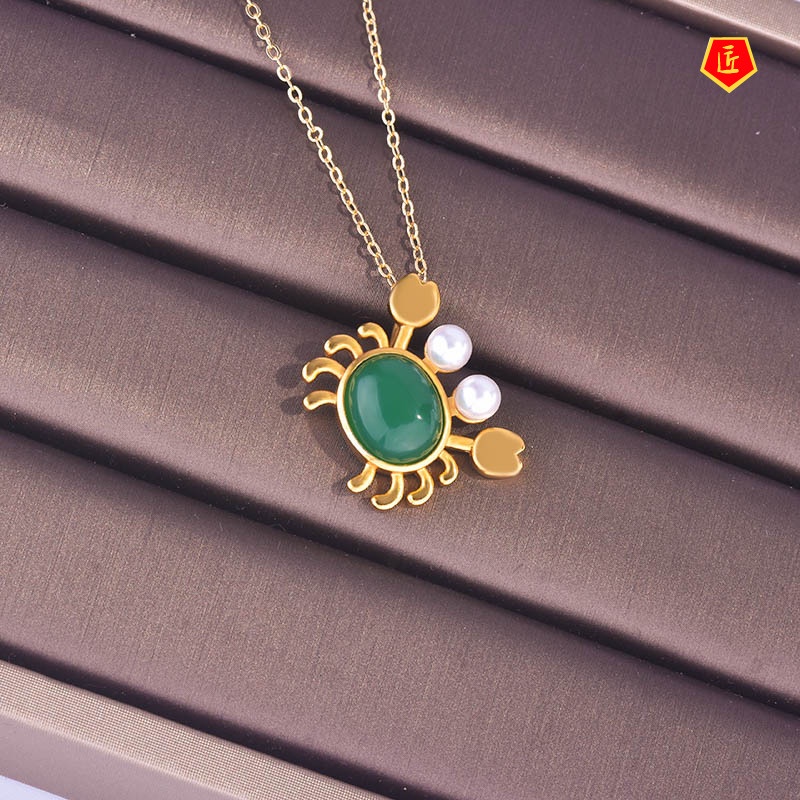 [Ready Stock]Little Crab White Jade Necklace Green Chalcedony Pearl Gold Necklace