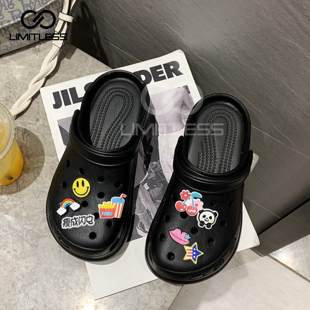 Sandal Wanita Baim Slip On Sendal Platform Cewek Wedges Jibbitz Sandal Fuji Viral Karet Tinggi Tebal Empuk