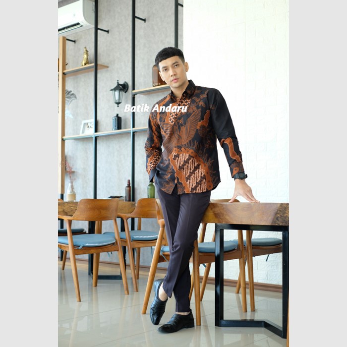 Baju Kemeja Batik Pria Lengan Panjang Modern Heem Elegant Premium Warna Hitam Coklat