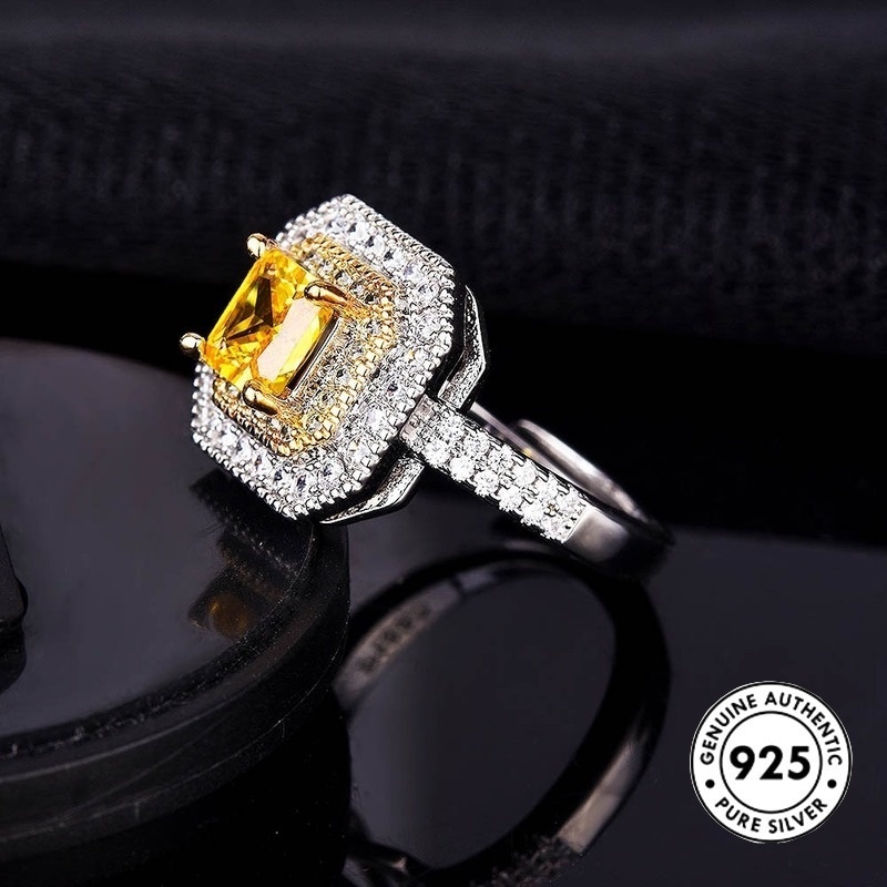 Cincin Tunangan Silver S925 Hias Berlian Kuning Bentuk Kotak Untuk Wanita