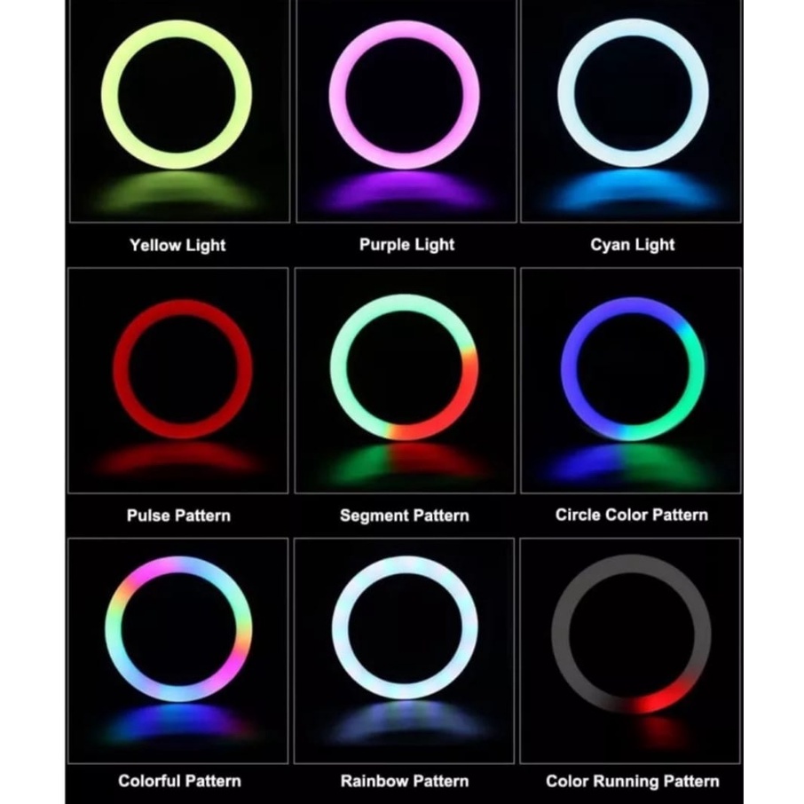 Ringlight 26cm Rainbow RGB Selfie Ring(PAKET KOMPLIT)+Tripod 2.1M+Holder-Satu Set Ring Light 26 cm Rainbow RGB-Ring Light Selfie HP &amp; Camera 1Set Lightning Photography TIik tok Livestreaming-Vlogger-Youtube