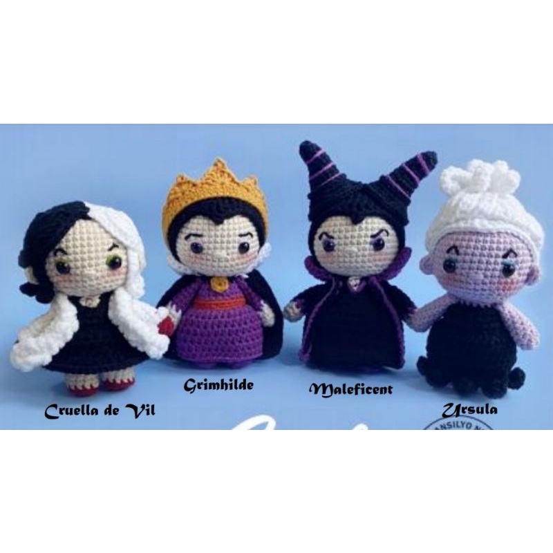 Evil Queen Cruela deVil, grimhilde, maleficent, ursula amigurumi rajut boneka crochet