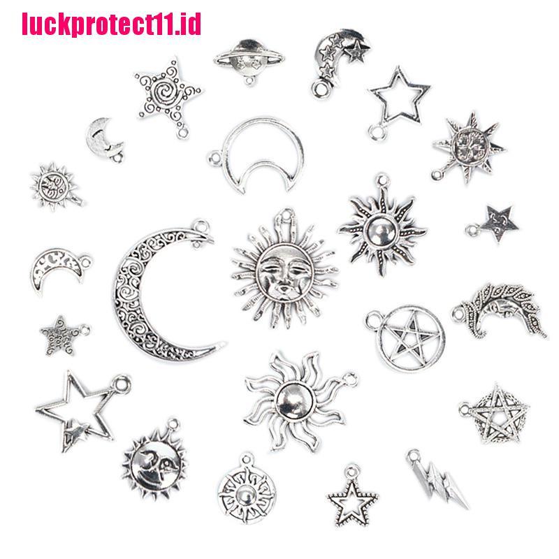 (LUCK) 23pcs / Set Liontin Bentuk Bulan / Bintang / Matahari Warna Silver Untuk DIY Perhiasan Charms