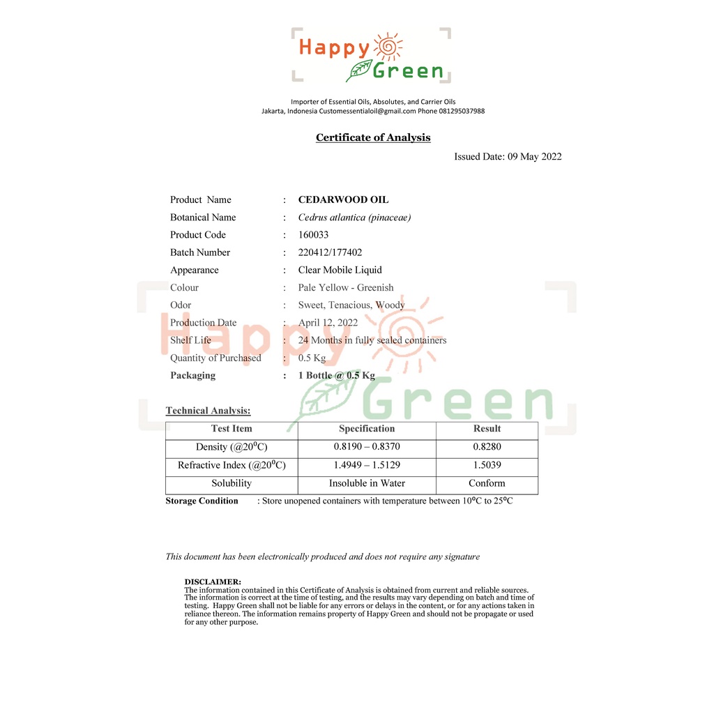 BPOM Happy Green Cedarwood Essential Oil - Minyak Atsiri Kayu Aras Cedar Wood Murni Garansi Uang Kembali