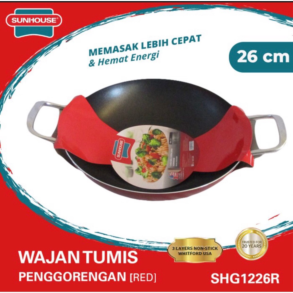 Wajan Tumis Sunhouse SHG 1226R Anti Lengket Hitam Merah 26Cm