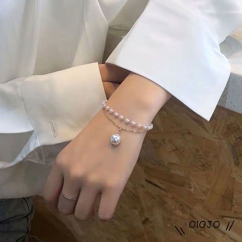 Fashion Korea Wanita Temperamen Manis Gelang Aksesoris Perhiasan Gelang Mutiara Ganda Sederhana - ol