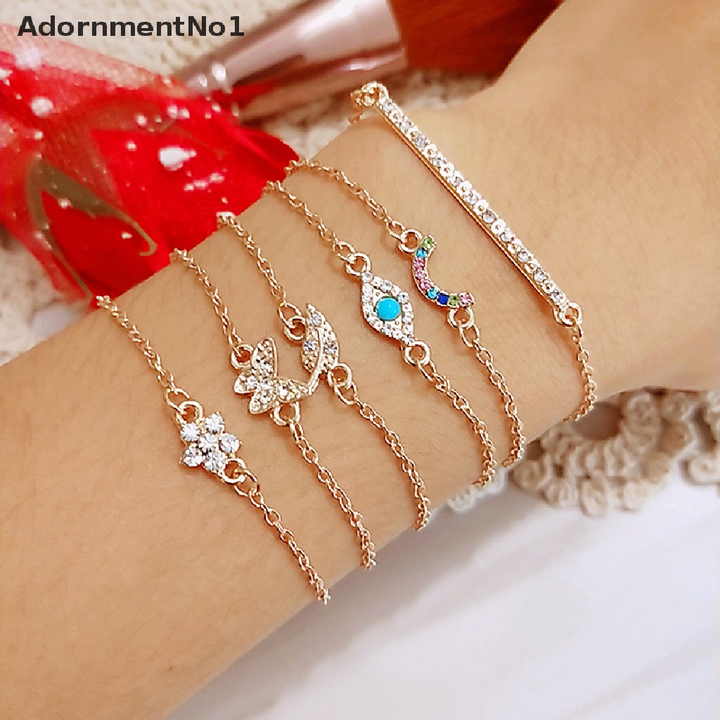 (AdornmentNo1) 6pcs / Set Gelang Tangan Wanita Desain Kupu-Kupu / Bunga / Daun Hias Kristal