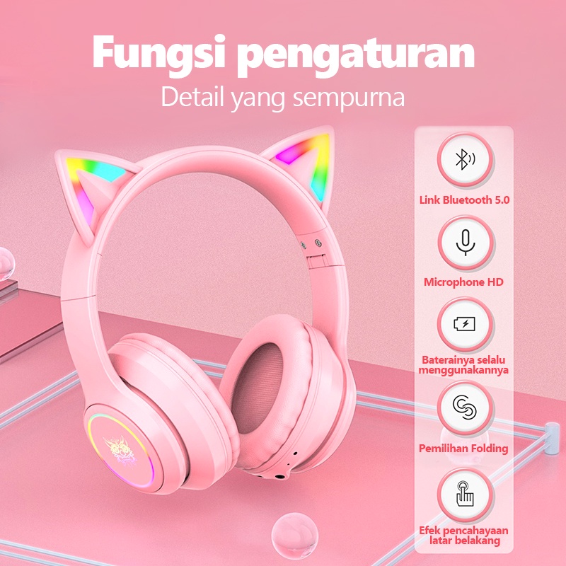 Onikuma B90 9D Suara RGB Pink Kucing Telinga Bass Kuat Bluetooth 5.0 Pengurangan Kebisingan Headphone Nirkabel Profesional Gaming Headset dengan Mikrofon Peredam Kebisingan