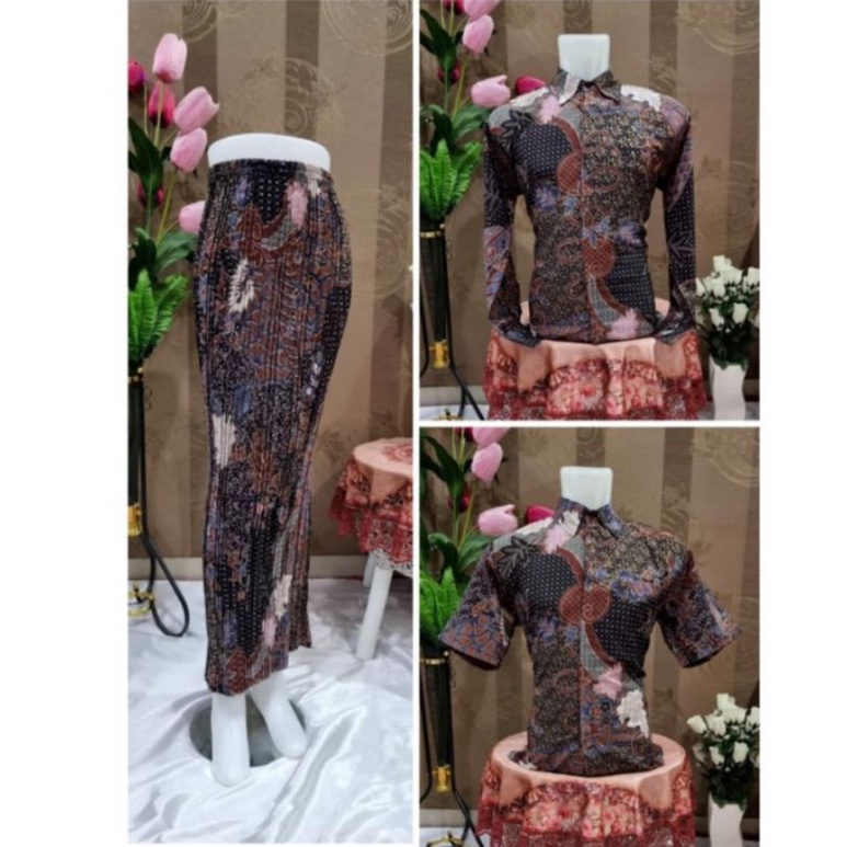 (COD) Couple Rok Prisket & Kemeja Batik - Motif SR Daun Maroon