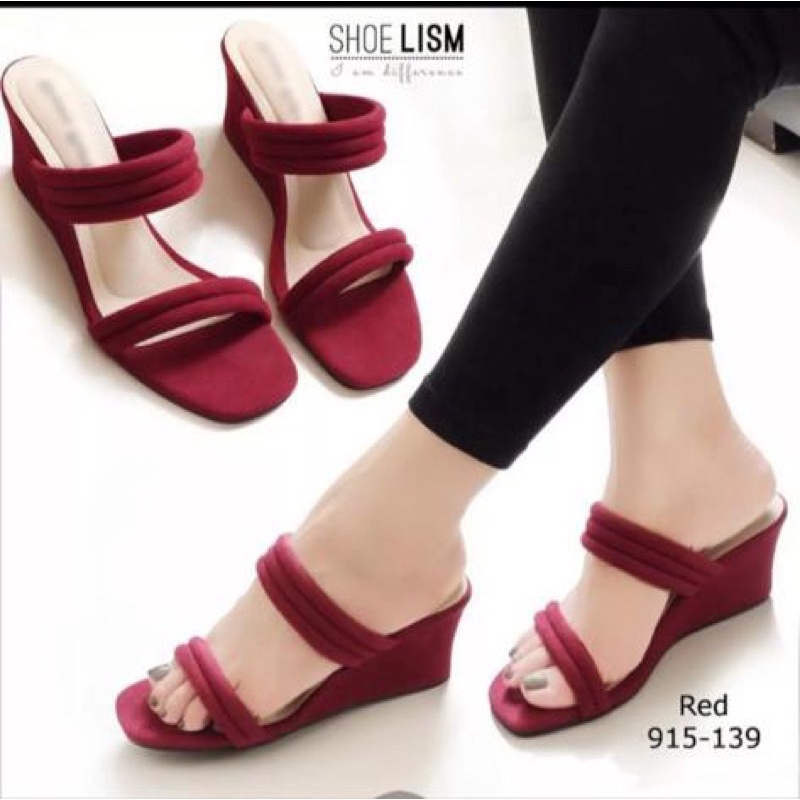SANDAL WANITA WEDGES BUSA CC01 SUEDE PREMIUM FASHION KOKOP SELOP KERJA PESTA HITAM TAN MERAH HAK TEB