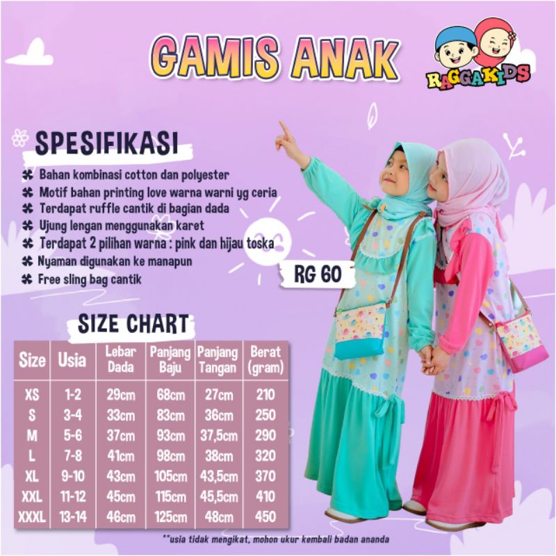Gamis anak Raggakids RG60 + Pashmina instant Baju muslim Anak RG60 free tas dan mini bros