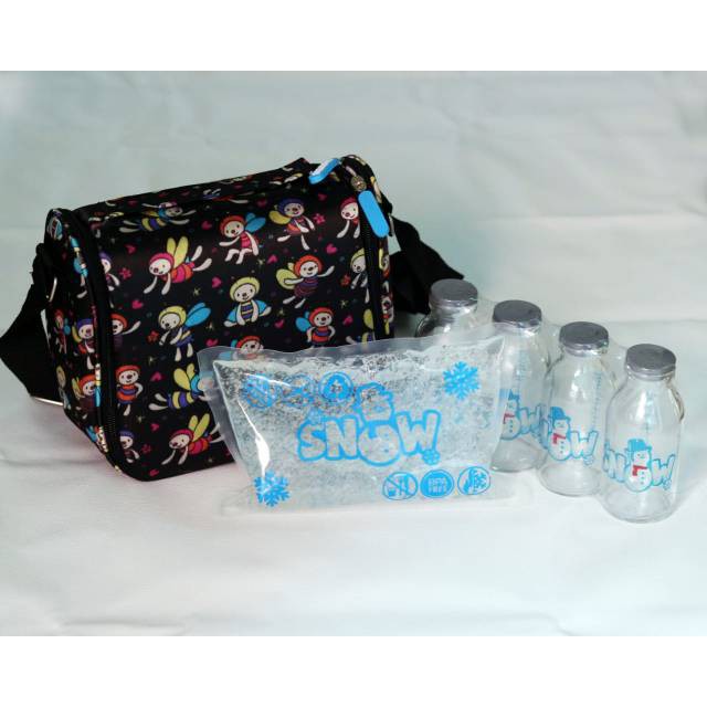 tas tempat asi cooler bag merek snow bonus 4 botol asi kaca dan 1 ice gel