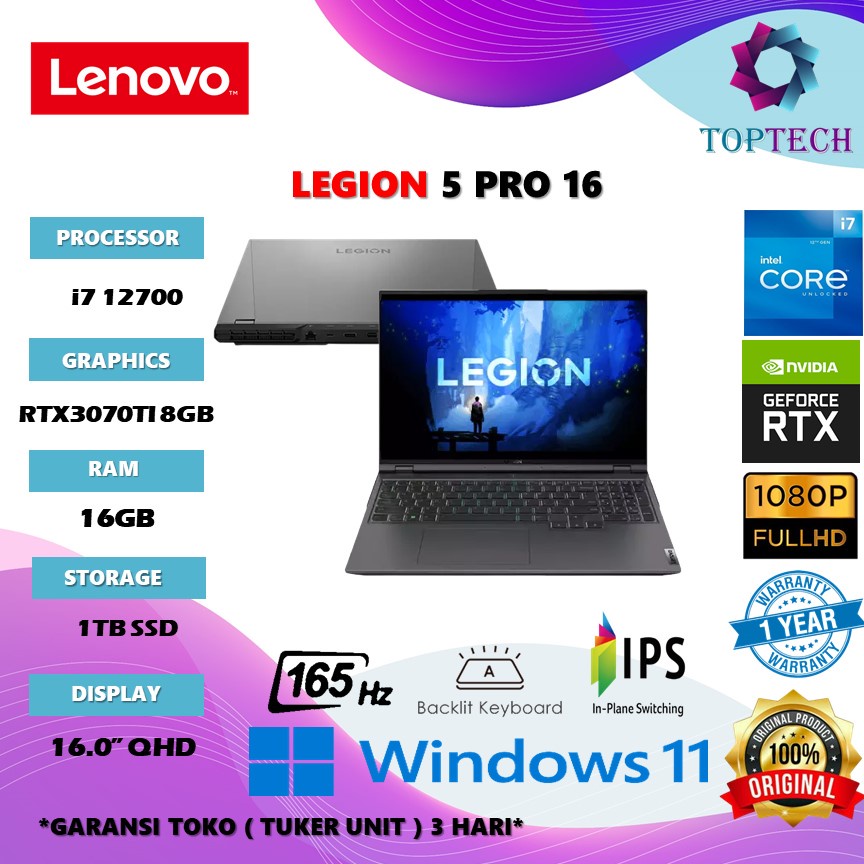 Laptop Gaming Lenovo Legion 5 PRO 16 - i7 12700 RTX3070TI 8GB RAM 16GB 1TB SSD W11 16.0QHD IPS 165HZ