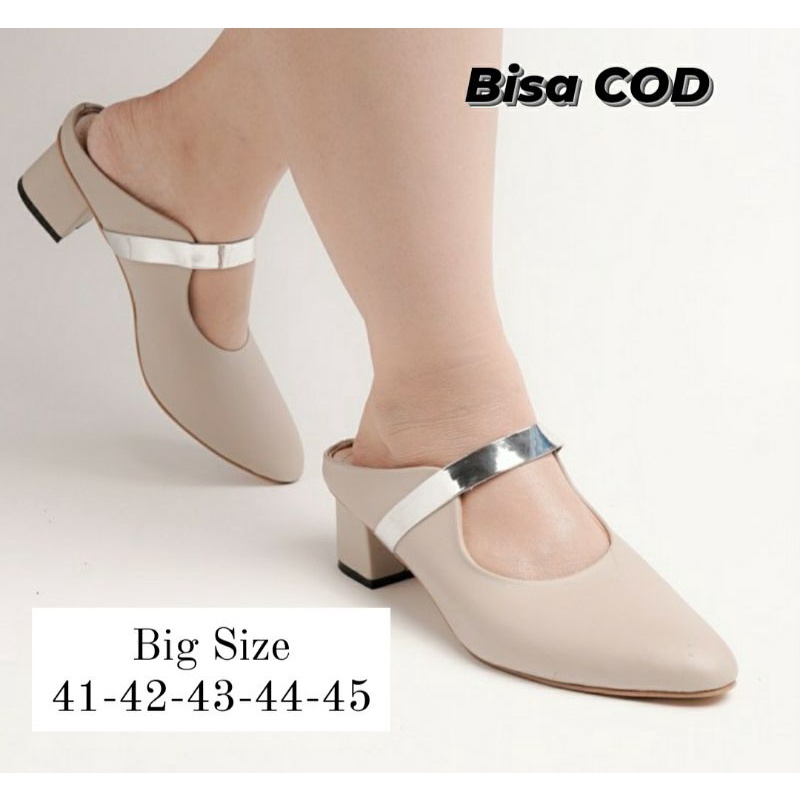 BIG SIZE 41-42-43-44-45 Higheels Woman / Bustong Mules Wanita Hak Tahu JUMBO Premium Sendal SLOP Semi Formal Krem