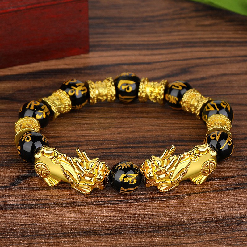 Gelang Pixiu Emas 3D Pria / Gelang manik-manik batu akik Buddha