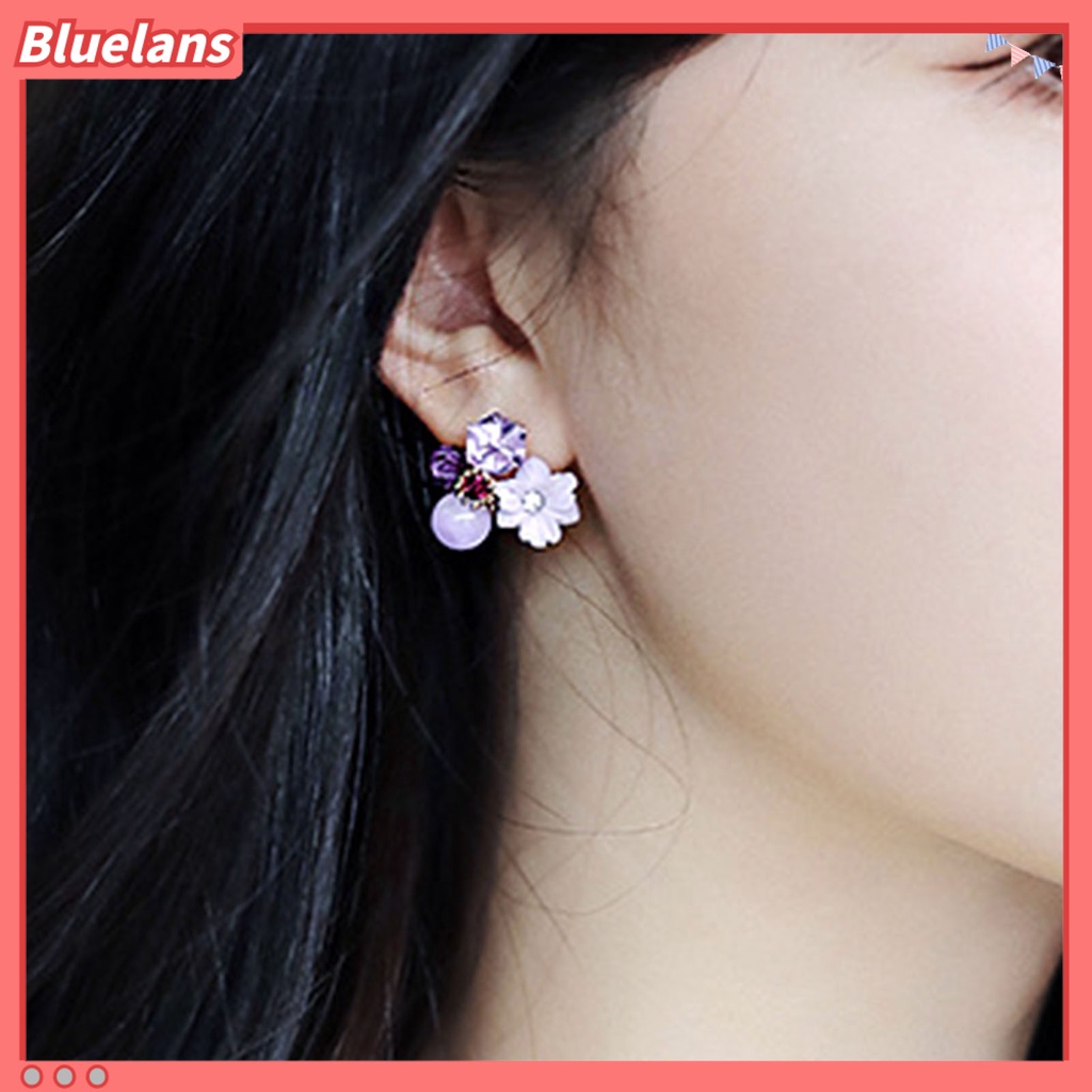 Bluelans 1 Pasang Anting Stud Desain Bunga Ungu Aksen Berlian Imitasi Untuk Wanita