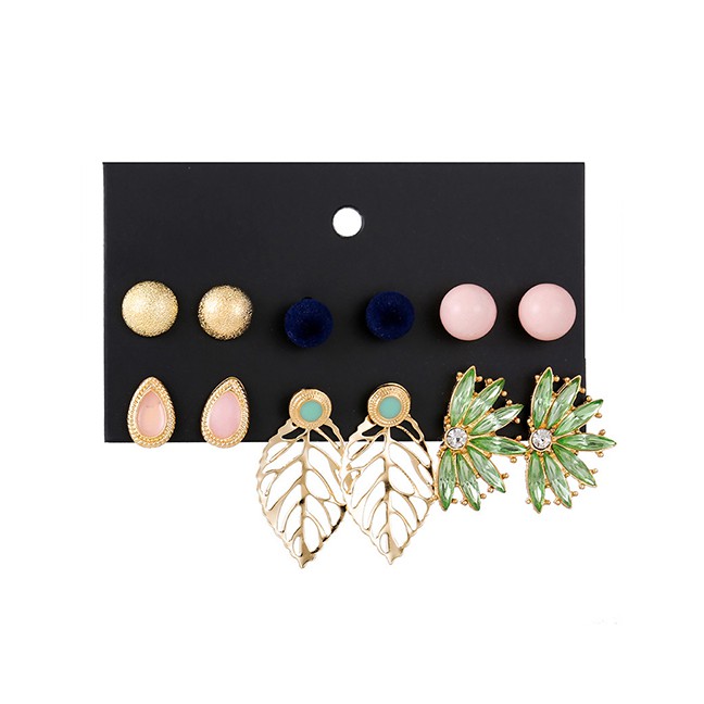 LRC Anting Set Fashion Color Plush Ball Drop Leaf Studs 6 Pairs F37647