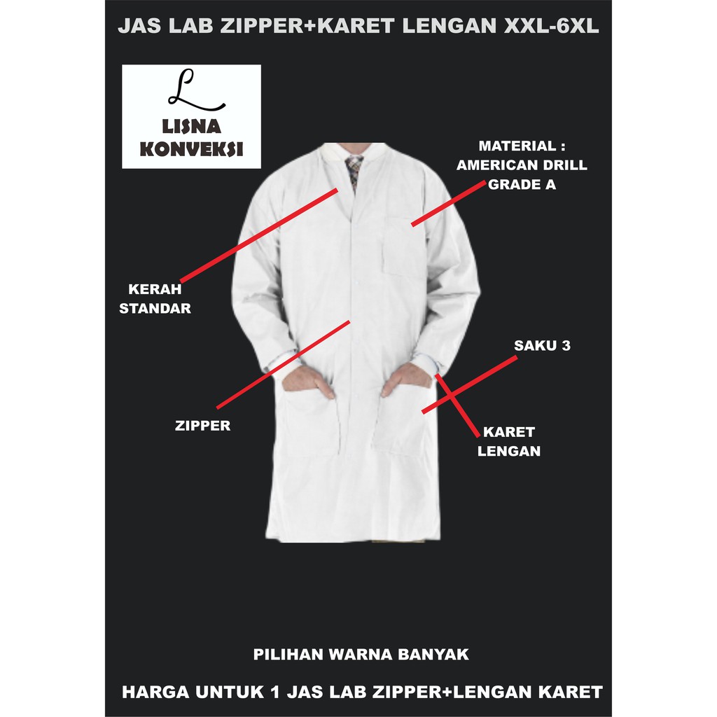 Jas Laboratorium with Zipper+Karet Lengan XXL-6XL