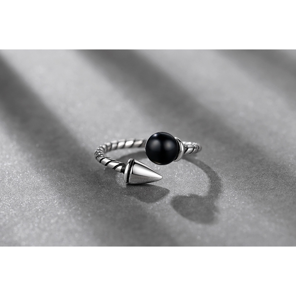 925 Perak Cincin Untuk Wanita/Cincin yang Dapat Diatur Perhiasan Retro batu akik hitam JZ00072